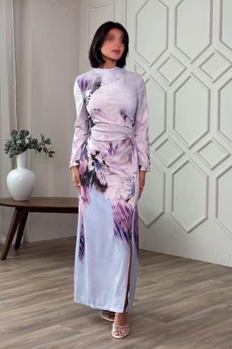 فستان موف ماكسي ضيق باكمام