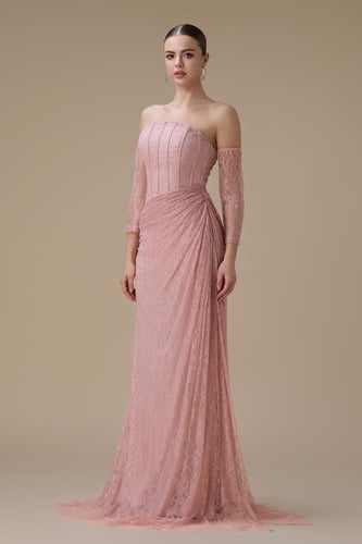 فستان دانتيل وردي طويل درابيه