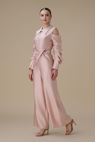 جمبسوت وردي أكمام مكشوفة ببقصة بنطال واسع