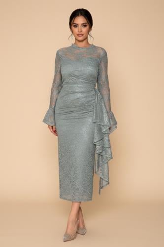 فستان ميدي دانتيل رمادي غامق بقصة درابيه