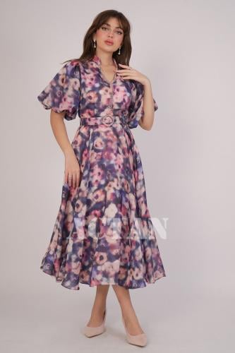 فستان ميدي بأكمام بف لون كحلي