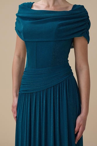 فستان تركوازي طويل أوف شولدر درابيه