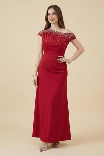 فستان ضيق درابية مزين بفصوص لون عنابي