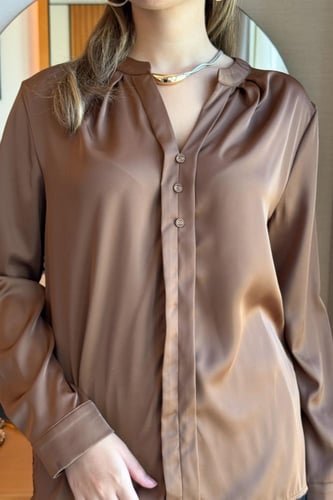 بلوزة بكسرات عند الياقة لون بني