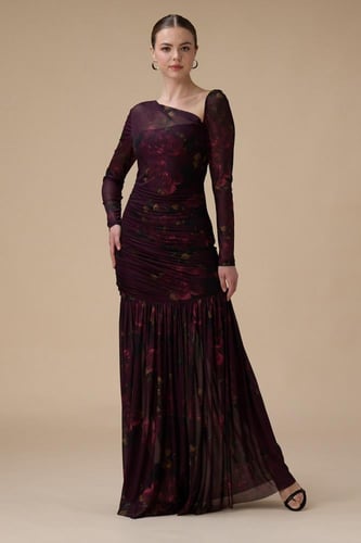 فستان برغندي طويل كت واحد