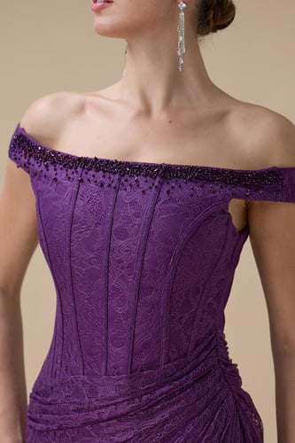 فستان دانتيل موف طويل أوف شولدر