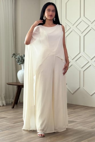 جمبسوت بكتف واحد بوشاح طويل لون سكري