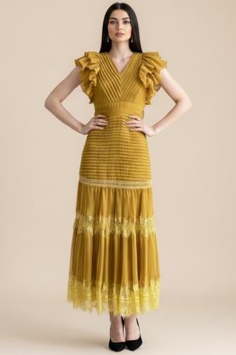 فستان ماكسي بكم كشكش مطعم بدانتيل لون كموني