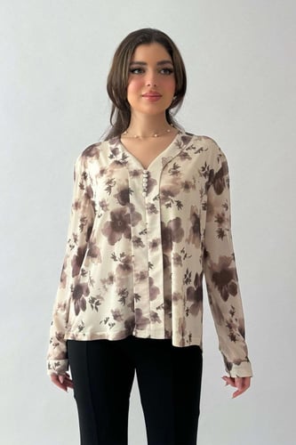 بلوزة تل بطبعة ورود لون بني