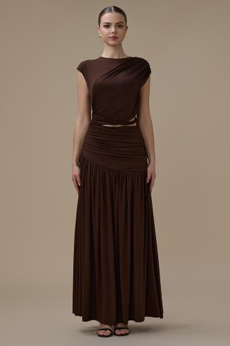 فستان بني طويل درابيه