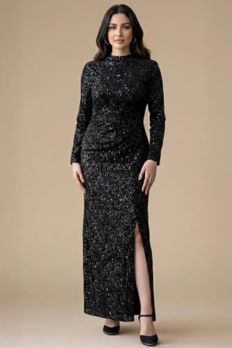 فستان مخملي درابية مزين بالترتر