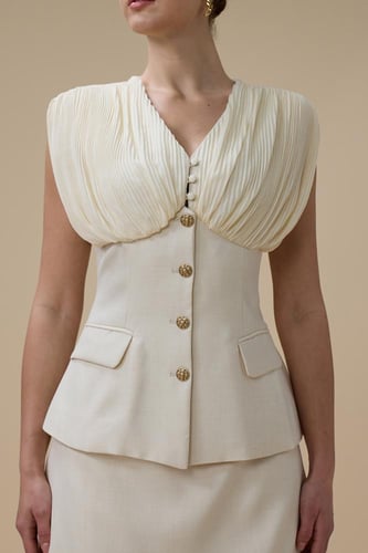 طقم سكري بصديري مزرر وتنورة ماكسي بليسيه