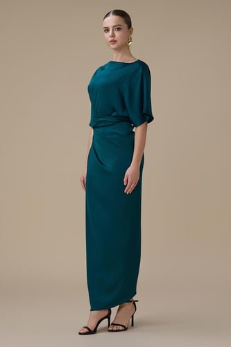 فستان طويل تركواز بدرابيه جانبي