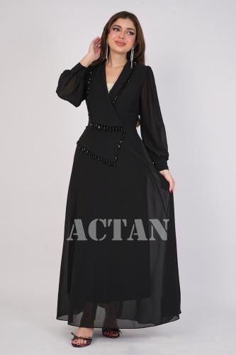 فستان طويل مزين بهدب لون اسود