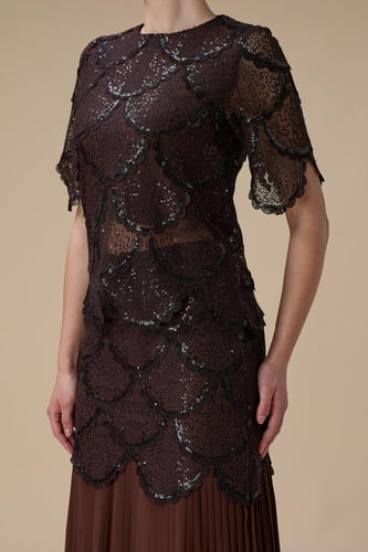 طقم بني دانتيل مع تنورة بليسيه أنيقة