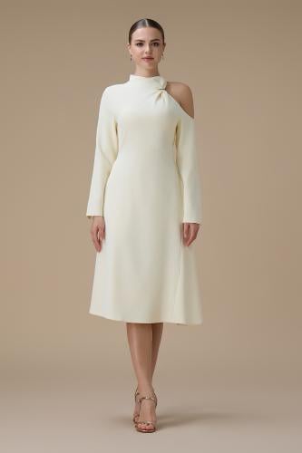 فستان سكري فاتح ميدي بتصميم كتف واحد