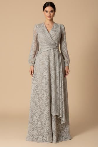 فستان دانتيل رمادي بتصميم لف وأكمام طويلة