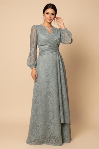 فستان دانتيل رمادي غامق بتصميم لف وأكمام طويلة