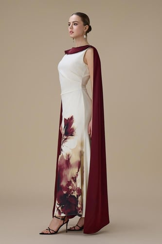 فستان برغندي ماكسي بطبعة زهرية بوشاح