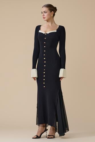 فستان اسود طويل بأكمام طويلة