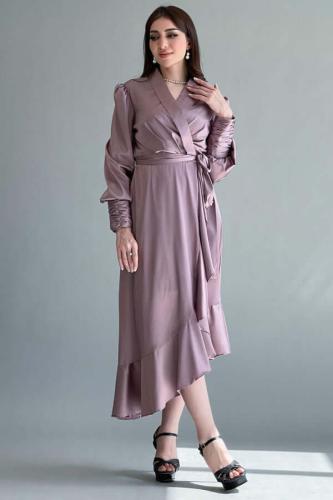 فستان بتصميم لف بحزام عالخصر لون بنك