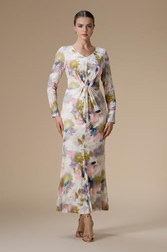 فستان بيج طويل بطبعة أزهار مخمل