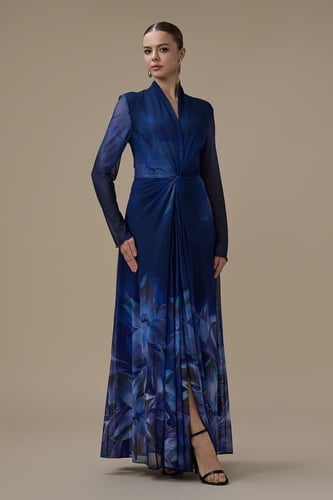 فستان كحلي طويل بطبعة زهور بتصميم خصر ملتف