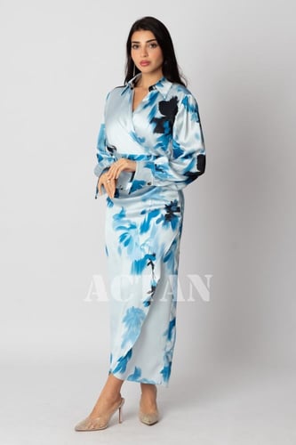 فستان ميدي درابيه مشجر لون ازرق