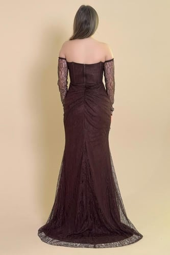 فستان دانتيل طويل اوف شولدر لون بني