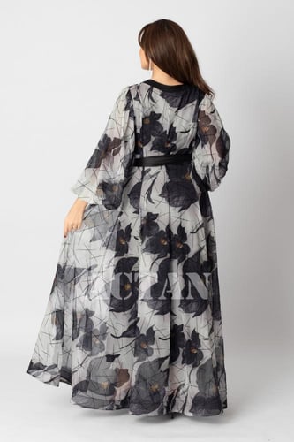 فستان شيفون فلفيت بطبعة ورد لون رمادي