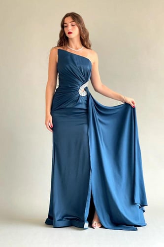 فستان سهرة توب بذيل من الخصر لون تركواز