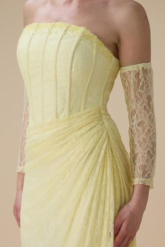 فستان دانتيل اصفر طويل درابيه