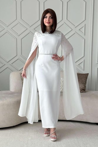 فستان ميدي بأكمام شيفون كيب لون ابيض