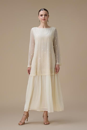 فستان طويل سكري بطبقتين مع حزام أنيق