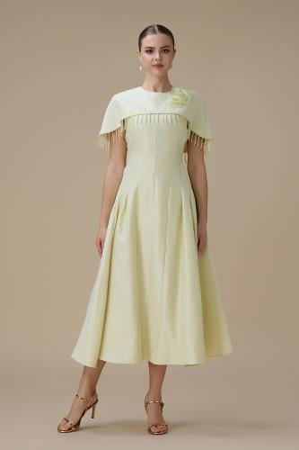 فستان ميدي اصفر بكاب لؤلؤ