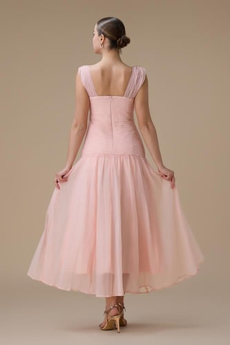 فستان وردي ميدي بشيفون وكسرات