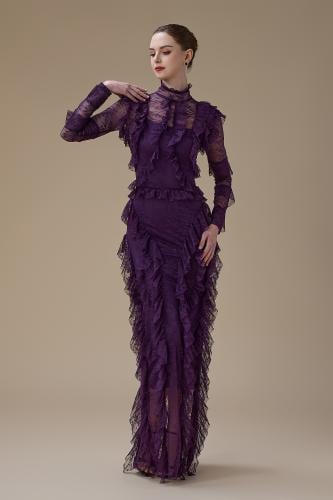 فستان بنفسجي طويل دانتيل بتفاصيل كشكش