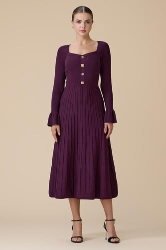 فستان موف ميدي باكمام طويلة