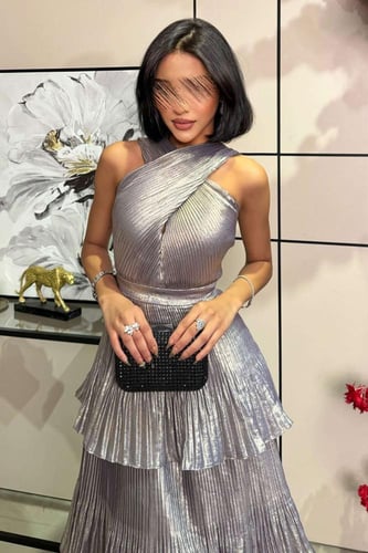 فستان ماكسي بيلسية طبقات لون بنفسجي فاتح