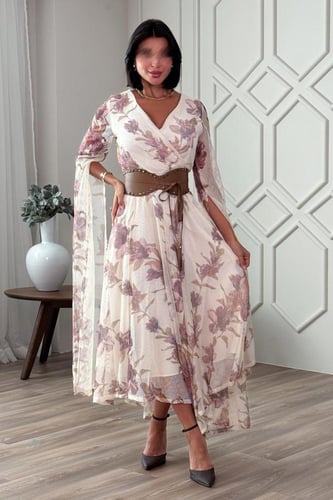 فستان كيب بطبعة أزهار لون بيج