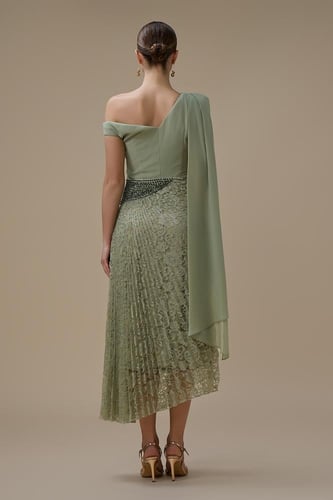 فستان دانتيل ميدي اخضر بكتف واحد