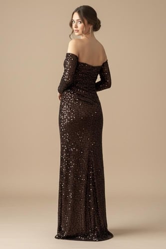 فستان طويل لون بني ترتر بقصة أنيقة