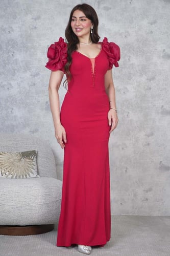 فستان سهره طويل بكم ورد لون احمر