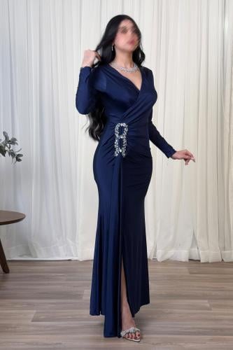 فستان كحلي سهرة ماكسي بفتحة وخصر مدموج