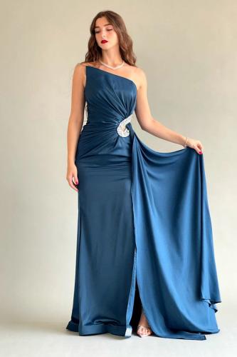 فستان سهرة توب بذيل من الخصر لون تركواز