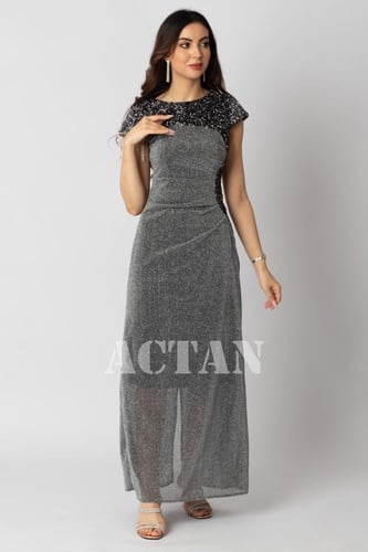 فستان ماكسي مزين بترتر لون رمادي