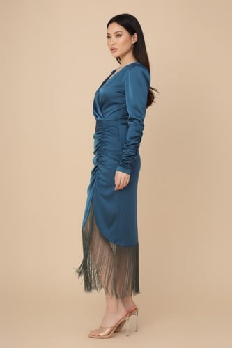 فستان تركواز ناعم بأكمام طويلة