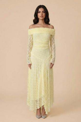 فستان طويل أصفر اوف شولدر
