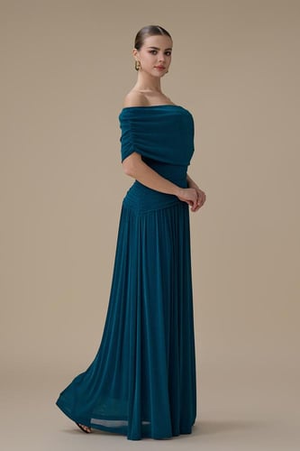 فستان تركوازي طويل أوف شولدر درابيه