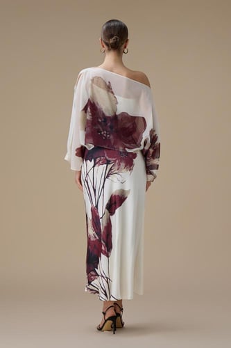 فستان ماكسي برغندي أوف شولدر بطبعة زهور